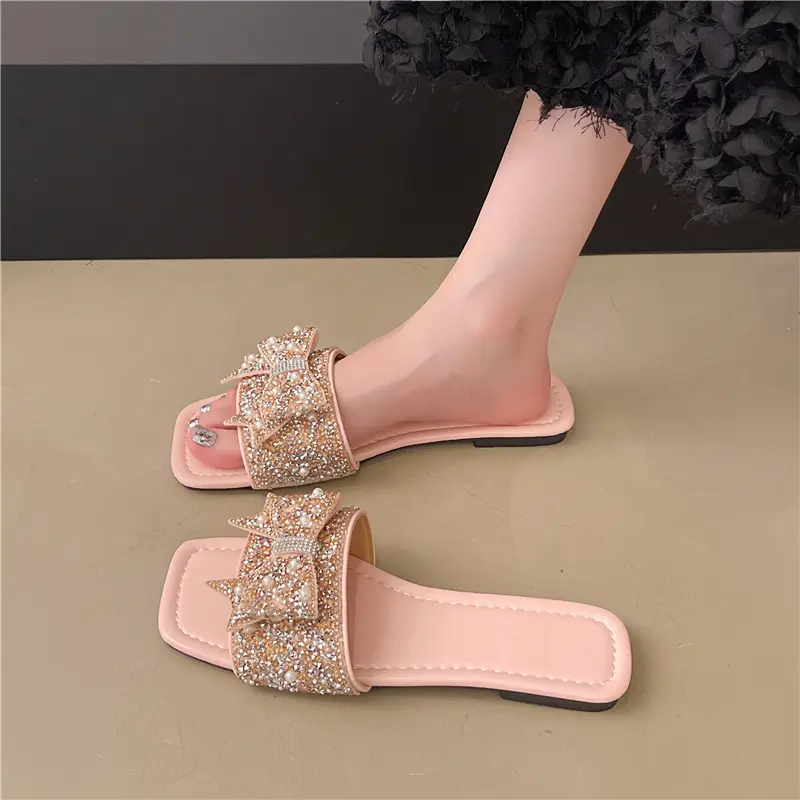 Plus Size Slippers Summer Slip Out Women's New Square Toe Open Toe Rhinestone Bow Non-Slip Soft Sole Flats