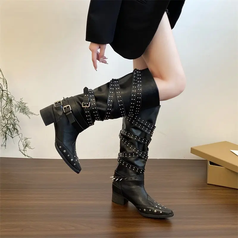 Autumn New Lace-Up Western Boots Pointed Toe Rivet Metal Buckle Heightened Hot Girls No Knee Long Boots Girls