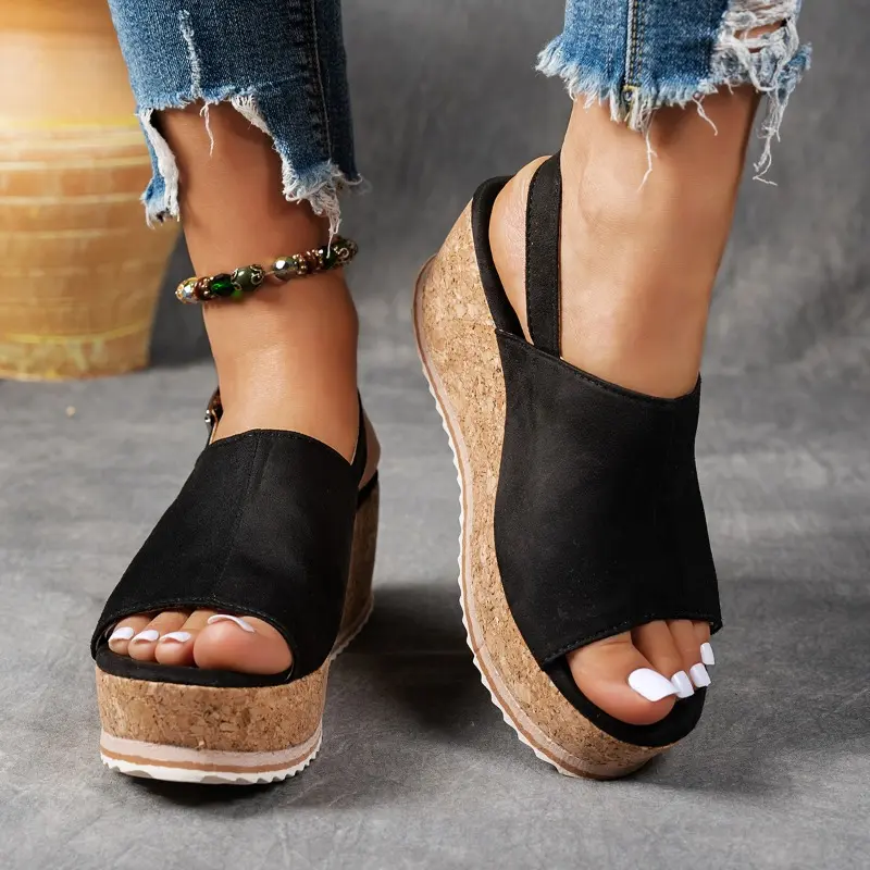 Summer Leopard Platform Slippers Women's Fashion Round Toe Open Toe One Strap Anti-Slip Wear-Resistant Plus Size Kitten Heels