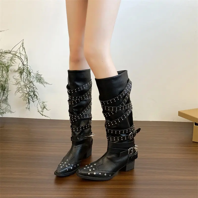Autumn New Lace-Up Western Boots Pointed Toe Rivet Metal Buckle Heightened Hot Girls No Knee Long Boots Girls