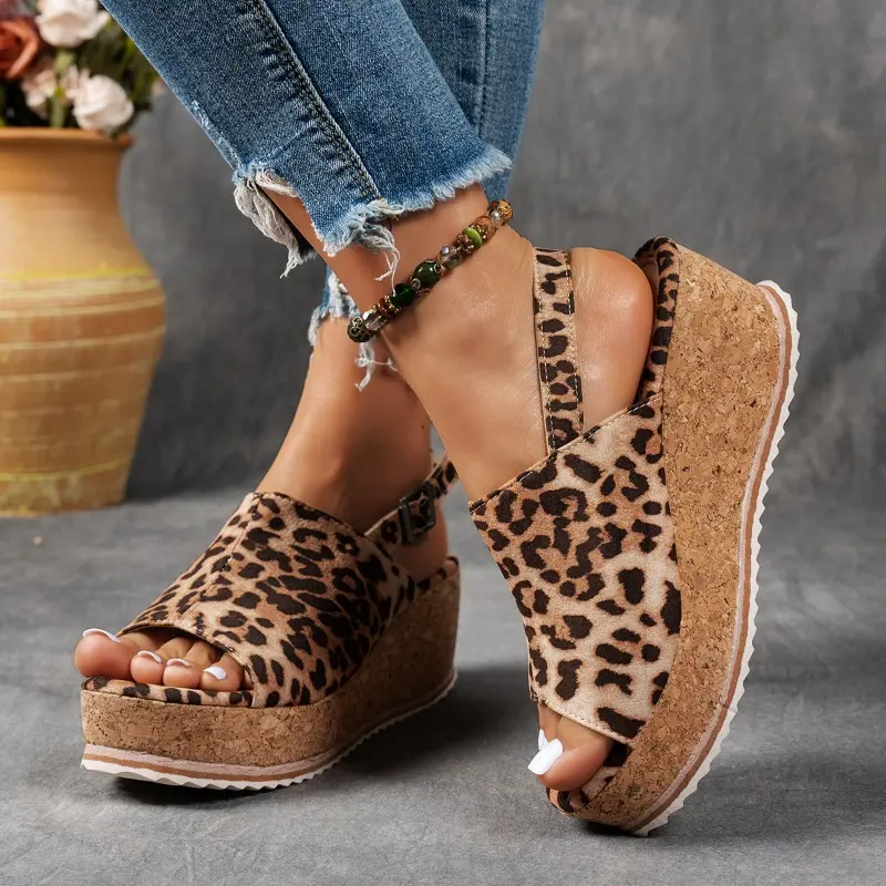Summer Leopard Platform Slippers Women's Fashion Round Toe Open Toe One Strap Anti-Slip Wear-Resistant Plus Size Kitten Heels