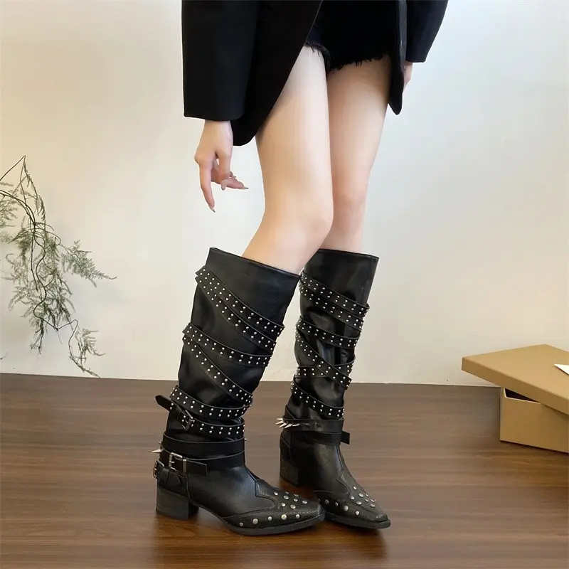 Autumn New Lace-Up Western Boots Pointed Toe Rivet Metal Buckle Heightened Hot Girls No Knee Long Boots Girls