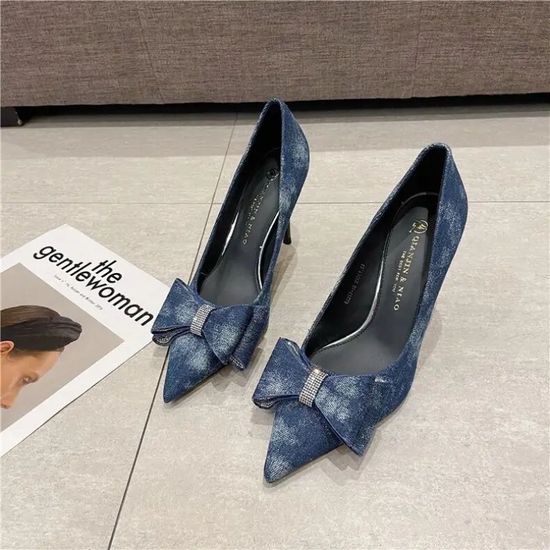 Women's Fashion Slim Heel Shoes Fall New Pointy Head Shallow Mouth Rhinodrill Butterfly Knot Denim Slip-on Heels