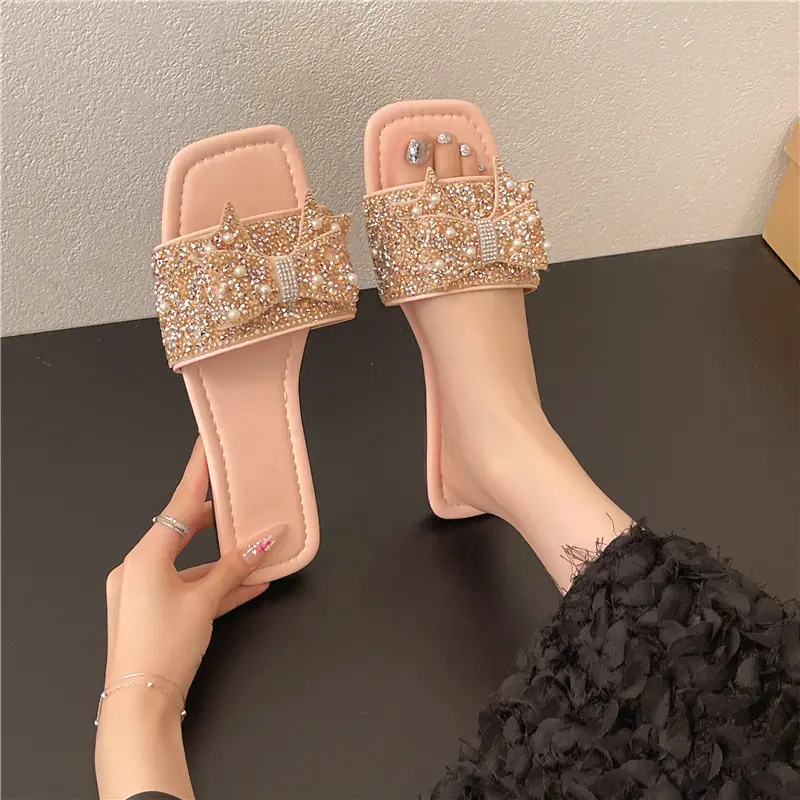 Plus Size Slippers Summer Slip Out Women's New Square Toe Open Toe Rhinestone Bow Non-Slip Soft Sole Flats
