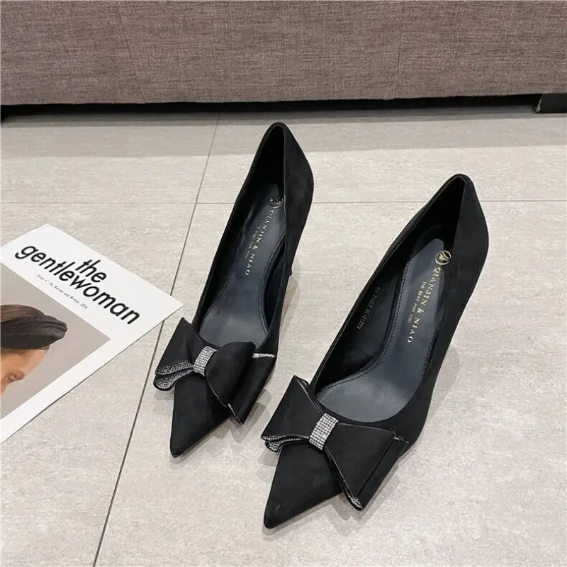 Women's Fashion Slim Heel Shoes Fall New Pointy Head Shallow Mouth Rhinodrill Butterfly Knot Denim Slip-on Heels