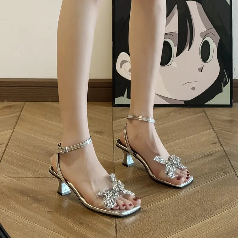 Women's Fashion Stiletto Sandals Summer New Square Head Open Toe Rhindiamonds Butterfly Knot Kitten Heels