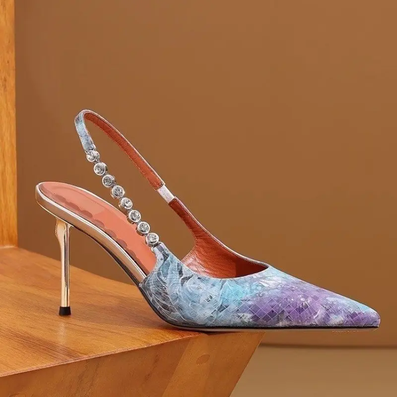 A Slip-on Stiletto Baotou Sandals Summer New Pointed Head Shallow Mouth Metal Buckle Anti-slip Wear-resistant High Heels