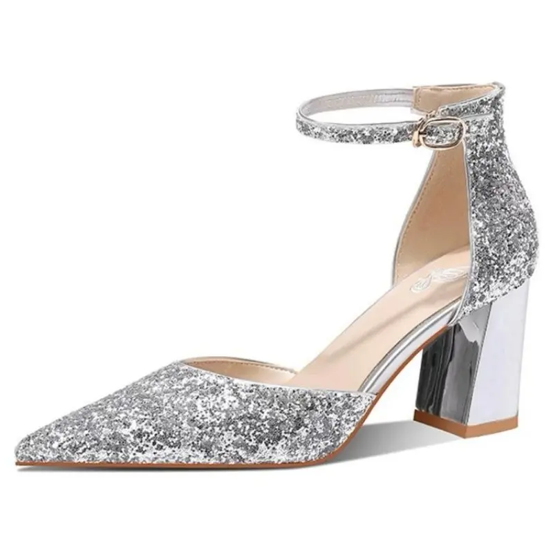 Fall New Coarse Heel Shoes Women's Fashion Pointy Shallow Mouth Glitter One-line Buckle Anti-slip Wear-resistant Low-top Shoes