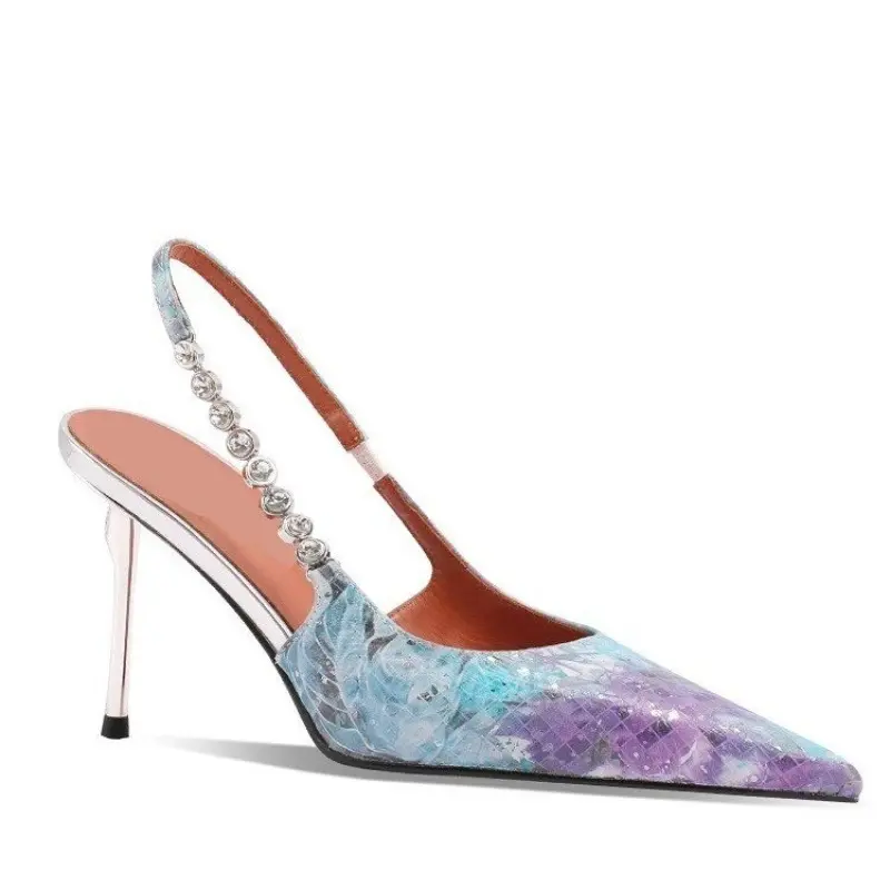 A Slip-on Stiletto Baotou Sandals Summer New Pointed Head Shallow Mouth Metal Buckle Anti-slip Wear-resistant High Heels