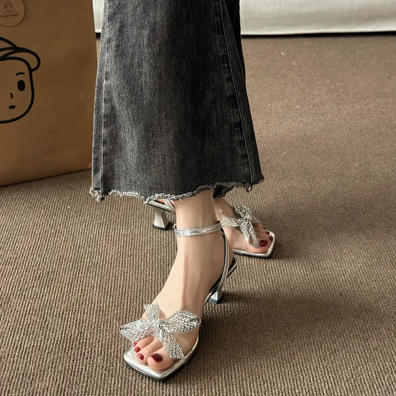 Women's Fashion Stiletto Sandals Summer New Square Head Open Toe Rhindiamonds Butterfly Knot Kitten Heels