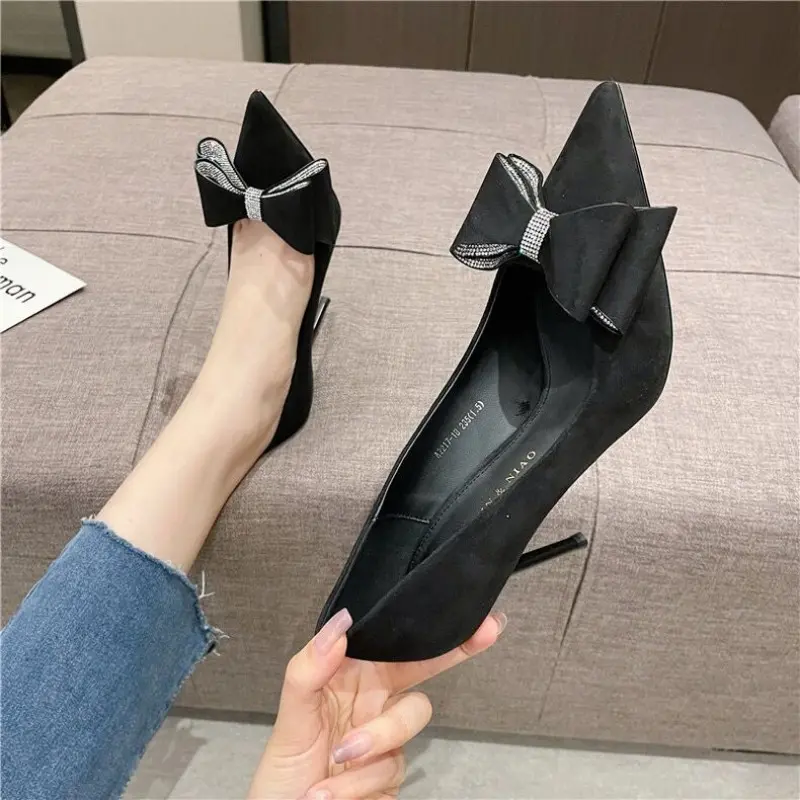 Women's Fashion Slim Heel Shoes Fall New Pointy Head Shallow Mouth Rhinodrill Butterfly Knot Denim Slip-on Heels