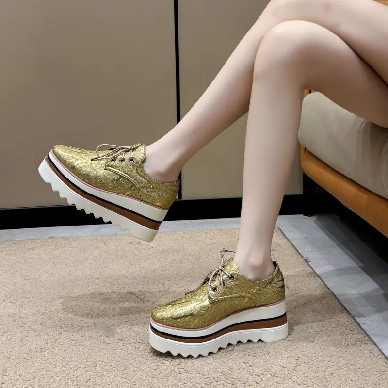 Fashion Platform Single Shoes Autumn New Round Toe Lace-Up Front Sequin Anti-Slide Heel Low-Top Women's Shoes