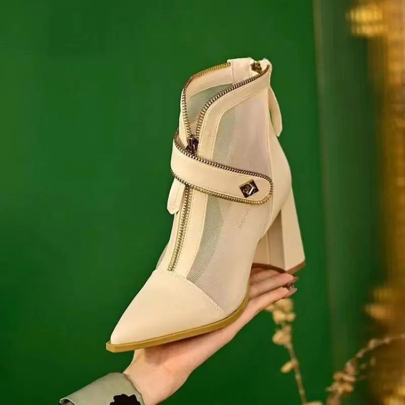Women's Fashion High-heeled Ankle Boots Fall New Pointy Mesh Breathable Front and Back Zipper Thick Heel Boots