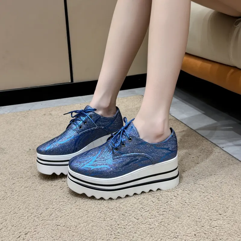 Fashion Platform Single Shoes Autumn New Round Toe Lace-Up Front Sequin Anti-Slide Heel Low-Top Women's Shoes
