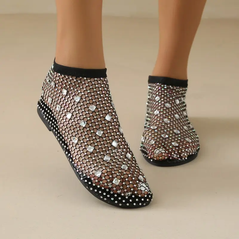Plus Size Hollow Summer Net Shoes Fashion Foreign Style All-match Rhinestone Sleeve Soft Sole Sandal Boots