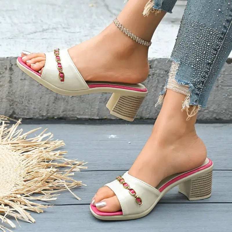 Metal One Strap Non-Slip Block Heel Slippers Women's Fashion Round Toe Open Toe Color Block Sandals