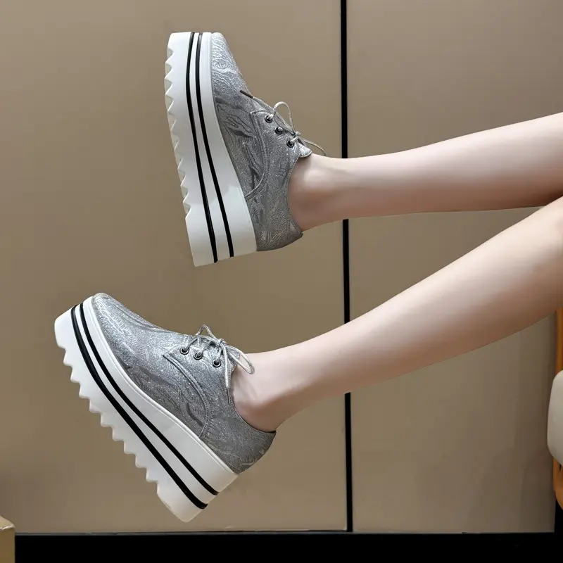 Fashion Platform Single Shoes Autumn New Round Toe Lace-Up Front Sequin Anti-Slide Heel Low-Top Women's Shoes