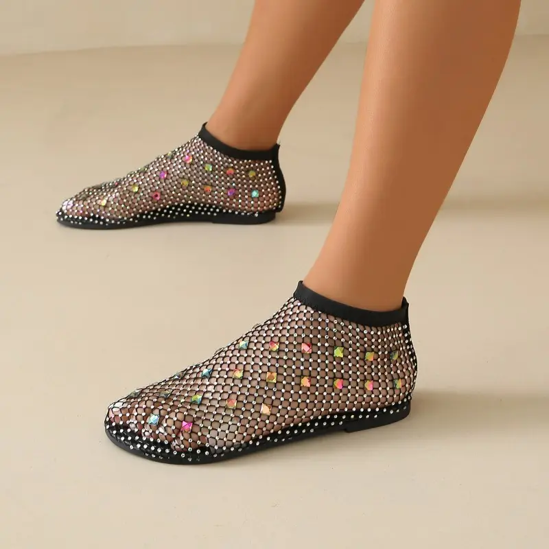 Plus Size Hollow Summer Net Shoes Fashion Foreign Style All-match Rhinestone Sleeve Soft Sole Sandal Boots