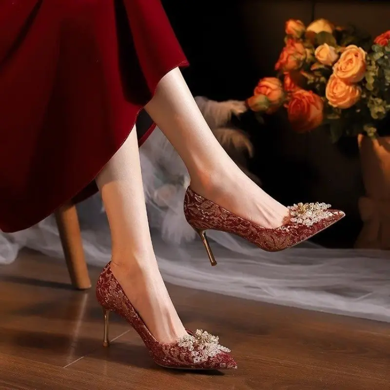 Women's Fashion Thin Heel Single Shoes Autumn New Pointy Head Shallow Mouth Diamond Flower Slip-on High-heeled Wedding Shoes