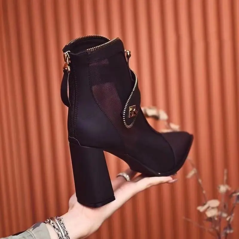 Women's Fashion High-heeled Ankle Boots Fall New Pointy Mesh Breathable Front and Back Zipper Thick Heel Boots