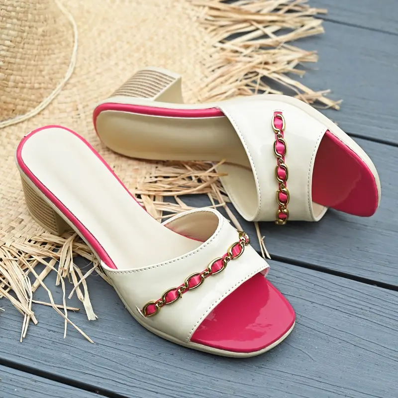 Metal One Strap Non-Slip Block Heel Slippers Women's Fashion Round Toe Open Toe Color Block Sandals