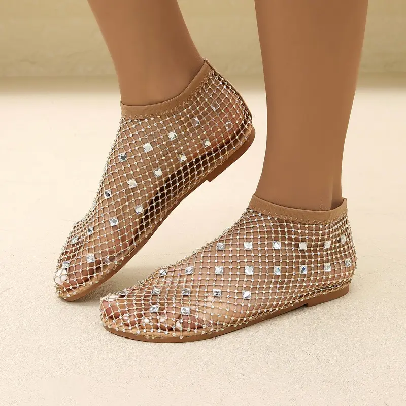 Plus Size Hollow Summer Net Shoes Fashion Foreign Style All-match Rhinestone Sleeve Soft Sole Sandal Boots