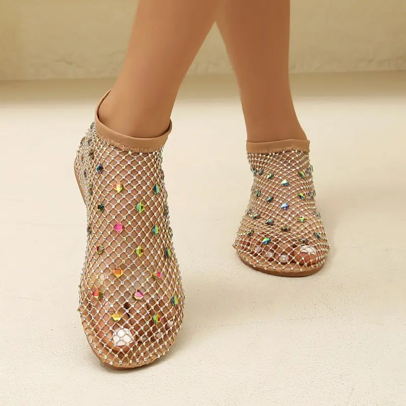 Plus Size Hollow Summer Net Shoes Fashion Foreign Style All-match Rhinestone Sleeve Soft Sole Sandal Boots