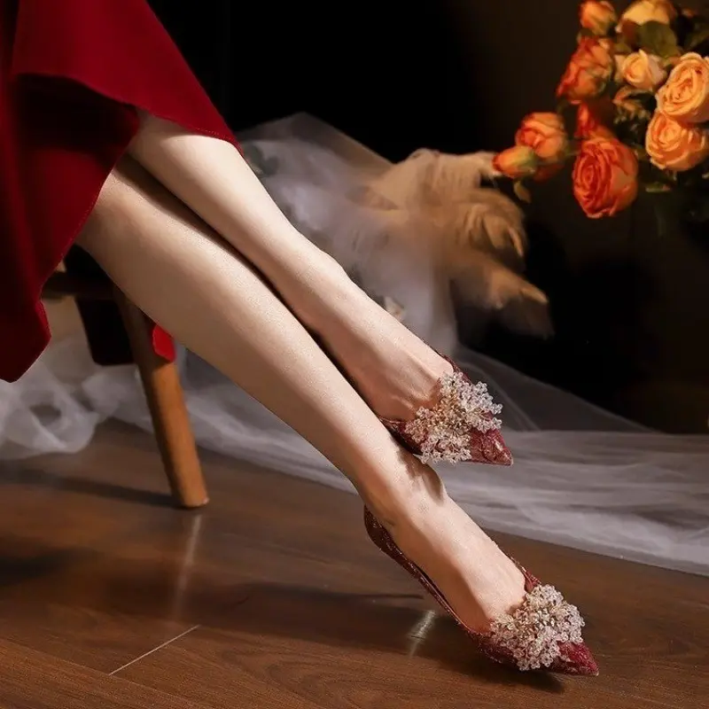 Women's Fashion Thin Heel Single Shoes Autumn New Pointy Head Shallow Mouth Diamond Flower Slip-on High-heeled Wedding Shoes