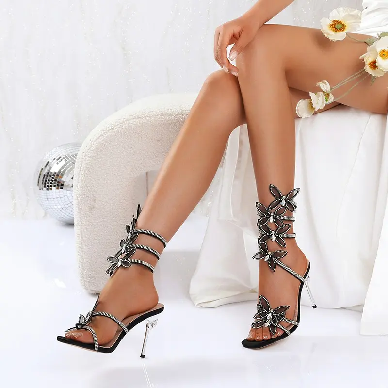 Sexy Snake New Wrapped Rhinestone Peep-Toe Sandals Square Toe Peep-Toe Butterfly Stiletto Anti-Slip Wear-Resistant High Heels