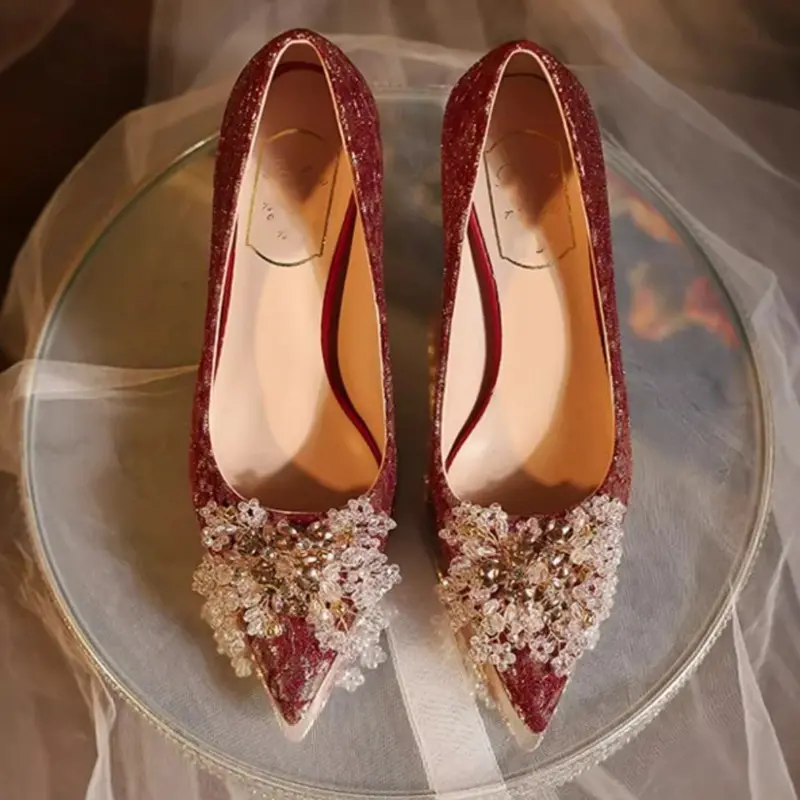 Women's Fashion Thin Heel Single Shoes Autumn New Pointy Head Shallow Mouth Diamond Flower Slip-on High-heeled Wedding Shoes