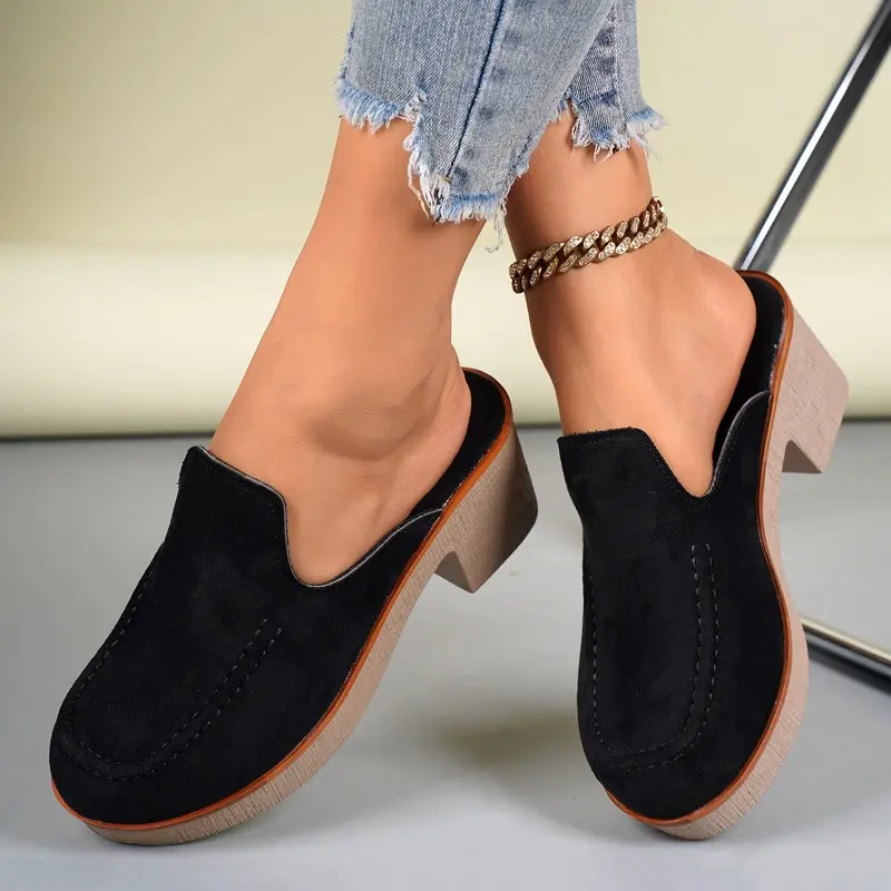 Platform Block Heel Wrapped Slippers Women's Fashion Round Toe Deep Mouth Suede Anti-Slip Wear-Resistant Semi-Drag