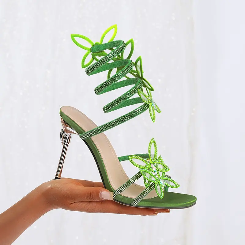 Sexy Snake New Wrapped Rhinestone Peep-Toe Sandals Square Toe Peep-Toe Butterfly Stiletto Anti-Slip Wear-Resistant High Heels