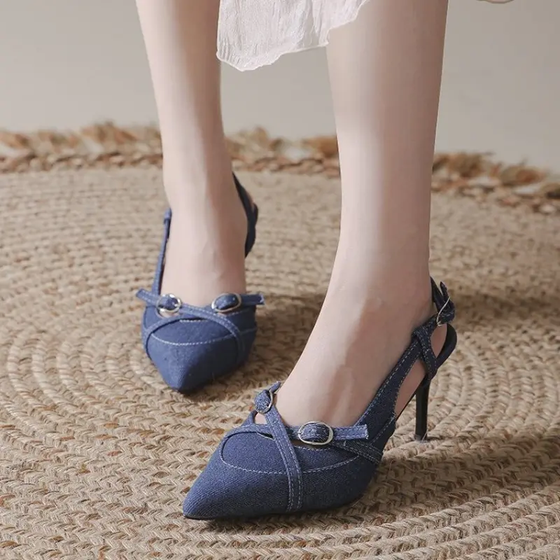 Denim Wrapped Sandals Fashion Women's Pointed Toe Shallow Mouth One Strap Anti-Slip Wear-Resistant High Heels