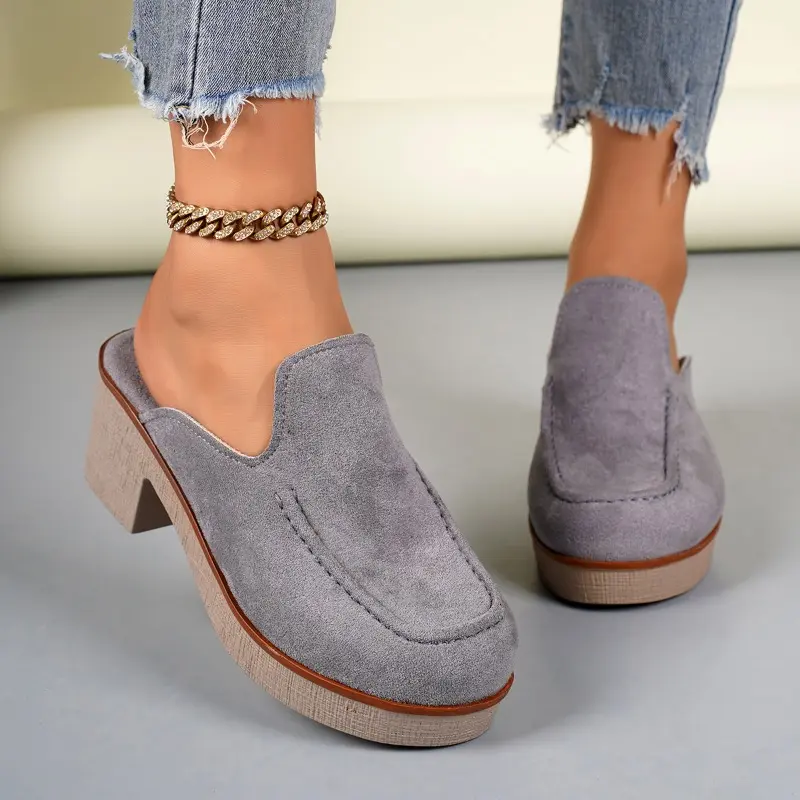 Platform Block Heel Wrapped Slippers Women's Fashion Round Toe Deep Mouth Suede Anti-Slip Wear-Resistant Semi-Drag