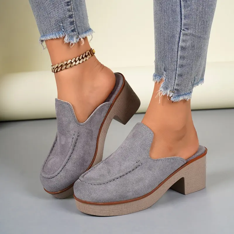 Platform Block Heel Wrapped Slippers Women's Fashion Round Toe Deep Mouth Suede Anti-Slip Wear-Resistant Semi-Drag