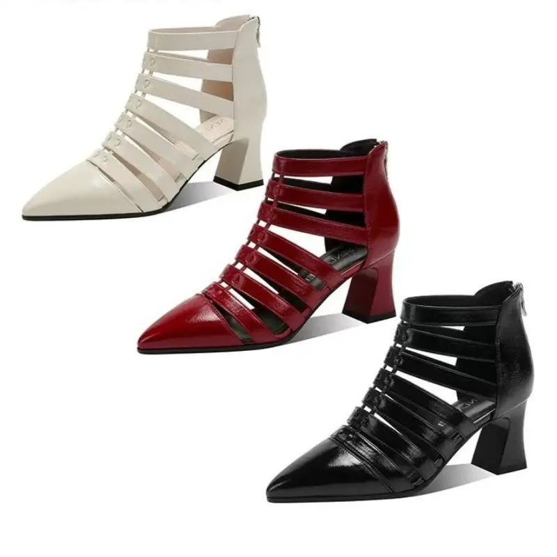 Pointed Toe Hollow-out Baotou Sandals Summer Fashion New Block Heel Temperament Roman High Heel Women's Shoes