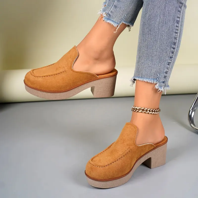 Platform Block Heel Wrapped Slippers Women's Fashion Round Toe Deep Mouth Suede Anti-Slip Wear-Resistant Semi-Drag