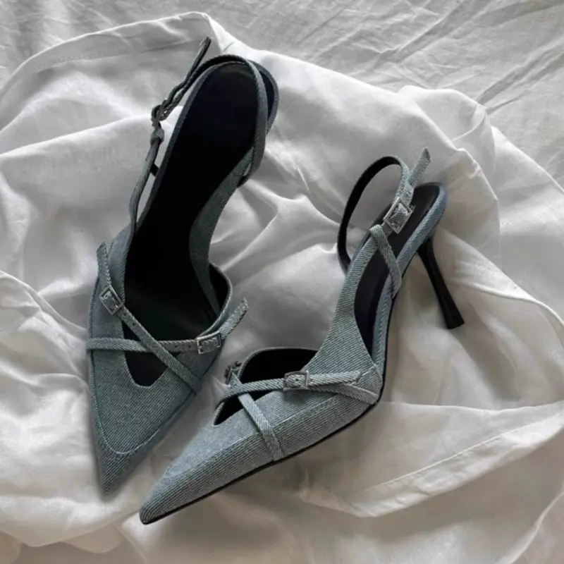 Denim Wrapped Sandals Fashion Women's Pointed Toe Shallow Mouth One Strap Anti-Slip Wear-Resistant High Heels