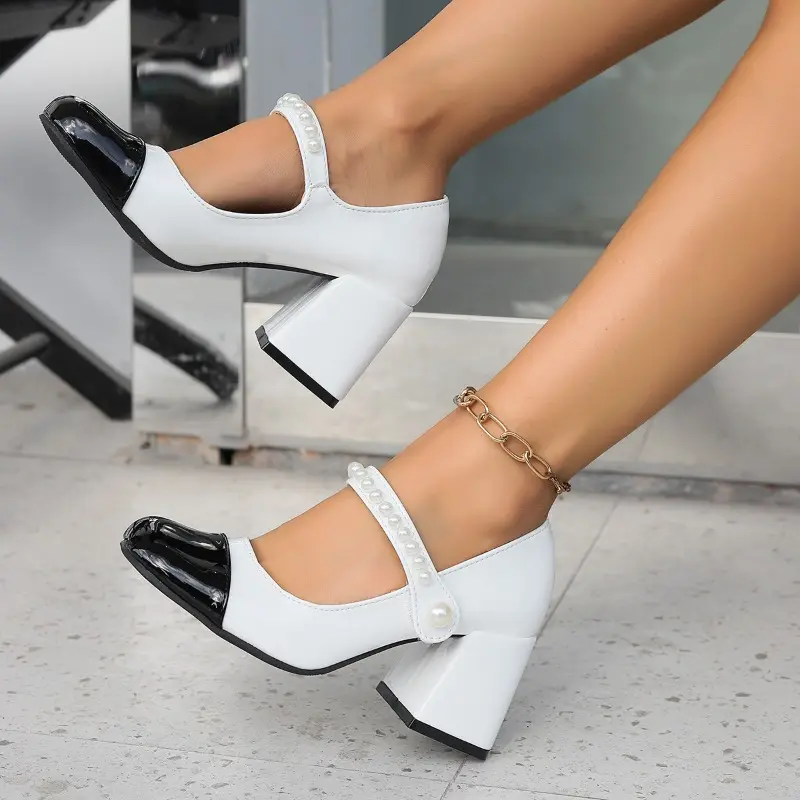 Color Block Block Heel Single Shoes Women's Fashion Round Toe Shallow Mouth Beaded One Slip Strap High Heels