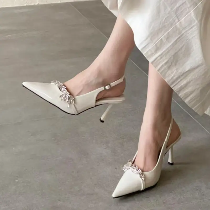 Women's Stiletto Sandals Summer New Pointed Head Shallow Mouth Crystal Buckle Non-slip High Heel Baotoe Shoes
