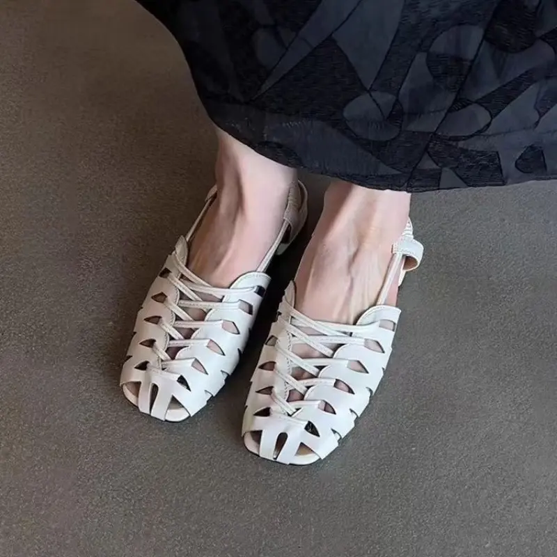 Vintage Simple Woven Cutout Roman Shoes Women's One Strap Block Heel Baotou Shallow Mouth Versatile Low Heel Sandals