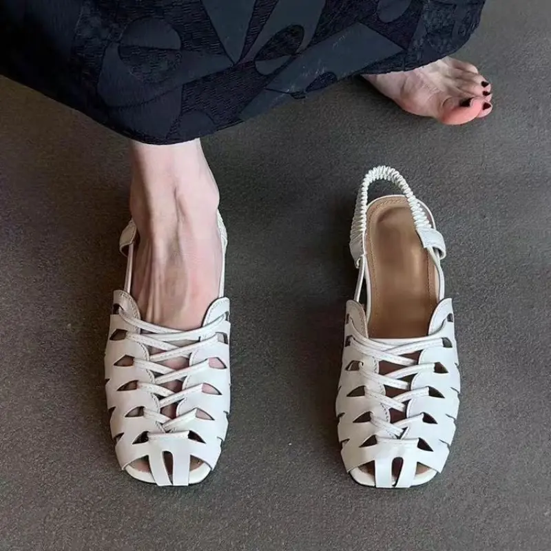 Vintage Simple Woven Cutout Roman Shoes Women's One Strap Block Heel Baotou Shallow Mouth Versatile Low Heel Sandals