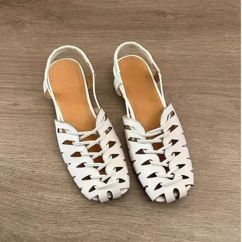 Vintage Simple Woven Cutout Roman Shoes Women's One Strap Block Heel Baotou Shallow Mouth Versatile Low Heel Sandals