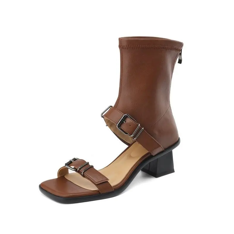 Women's Fashion Boots Summer New Square Head Shallow Mouth Belt Buckle Mid-calf Elastic Boots