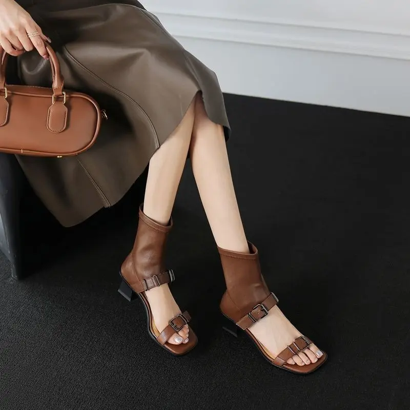 Women's Fashion Boots Summer New Square Head Shallow Mouth Belt Buckle Mid-calf Elastic Boots