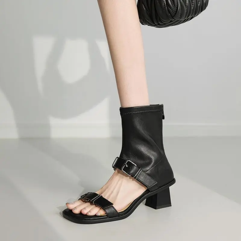 Women's Fashion Boots Summer New Square Head Shallow Mouth Belt Buckle Mid-calf Elastic Boots