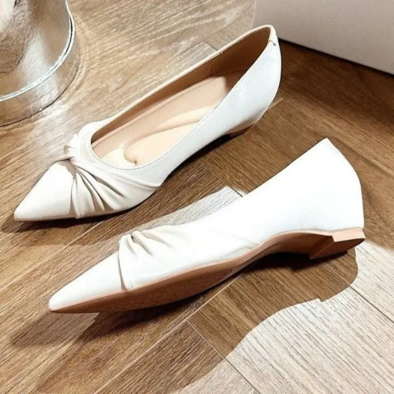 Pleated Slip-on Anti-slip Wear-resistant Low-heeled Shoes Autumn New Pointed Toe Shallow Mouth Soft Sole Anti-slip Single Shoes