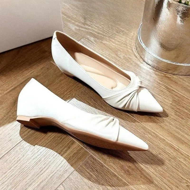 Pleated Slip-on Anti-slip Wear-resistant Low-heeled Shoes Autumn New Pointed Toe Shallow Mouth Soft Sole Anti-slip Single Shoes