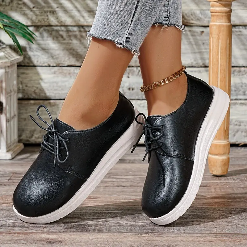 Lightweight Platform Flats Autumn New Round Toe Front Lace-Up Soft Sole Waterproof Non-Slip Low Top Shoes