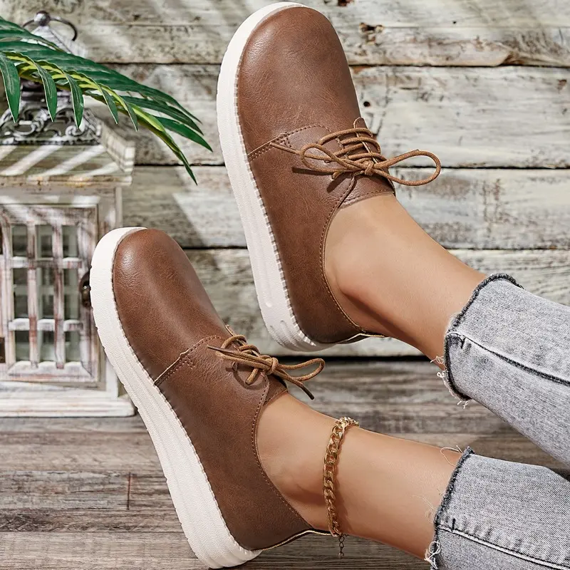 Lightweight Platform Flats Autumn New Round Toe Front Lace-Up Soft Sole Waterproof Non-Slip Low Top Shoes